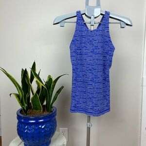 LUCY Purple Striped Workout Tank Top Halter Style with Criss Cross Back